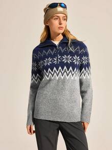 Exploreva Damtröja med snöflingmönster och långärmad dragkedja och halv knappslå