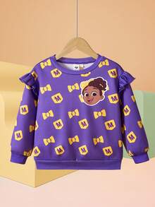 Blippi X SHEIN Young Girl Cute Bow & Cartoon Figure Graphic Round Neck Drop Shoulder Flutter Sleeve Purple Knit Sweatshirt Top Purple Kids Outfits Cute - Purple - View 1