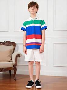 Joliand Joliand 2 Stück Tween Jungen Urban Chic farbenfroher asymmetrischer Streifenmuster Poloshirt & weiße Shorts Set, geeignet für Zusammenkünfte, Partys, Schulanfang, Sommer & Herbst Schulkleidung, Schulmaterial, FarbenfroheFreude Schulanfang - Verschiedenfarbig - Übersicht 7