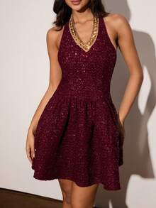 Enchnt Abito elegante da donna con collo a canottiera, orlo con volant e paillettes di colore unito