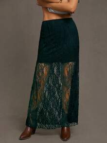 Siren Gaze 女士性感野花蕾丝拼接轻盈透气长款夏季半身裙 - 墨綠色 - 查看 3