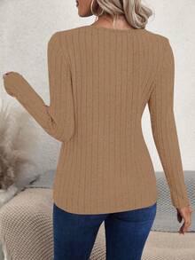 SHEIN LUNE Women's Basic Solid Color Ribbed Long Sleeve T-Shirt, Casual Everyday Wear - Khaki - View 2