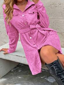 SHEIN LUNE Đầm sơ mi tay dài đơn sắc thiết kế thắt lưng eo đơn giản dành cho nữ - Màu Hồng Tươi - Xem 6