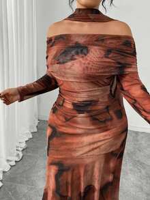 SHEIN Elenzya Đầm lưới in họa tiết tie-dye dáng rộng thanh lịch, tay dài trễ vai, thắt eo, cỡ lớn dành cho nữ, mùa thu/đông - Nhiều màu - Xem 4