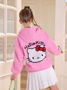 HELLO KITTY AND FRIENDS | SHEIN 少女卡通猫咪刺绣3D耳朵卫衣，宽松蓬松粉色秋冬卫衣