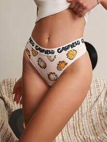 GARFIELD | SHEIN Snug Zone Women's Soft Cute Cartoon Cat Print Contrast Trim Letter Tape Thong - Purple - View 5