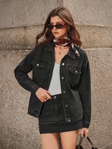 SHEIN Essnce Drop Shoulder Flap Pocket Denim Jacket - Black - View 8