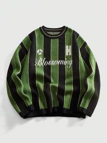 ROMWE MEN Men's Preppy Round Neck Embroidered Knit Sweater, Street Fashion - Green - View 1