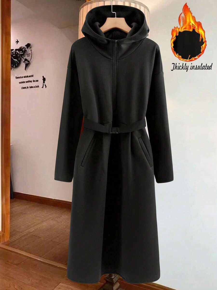 Linhara Plus Size Women Solid Color Thick Hoodie Dress, Pockets, Elastic Waist, Casual Versatile Dress For Autumn/Winter - Black - View 1