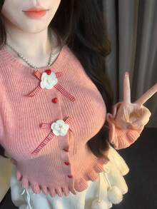 DAZY Áo len nữ thời trang thu đông màu hồng viền bèo nhún, nút cài hình trái tim, dáng ôm, nơ kẻ caro thanh lịch & áo khoác cardigan dệt kim hoa 3D - Hồng - Xem 6