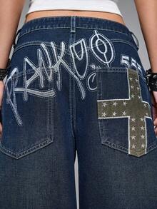 ROMWE Grunge Punk Spring Casual Y2K Chic Letter & Cross Embroidered Distressed Loose Fit Super Low Waist Wide Leg Women Jeans - Blue - View 4