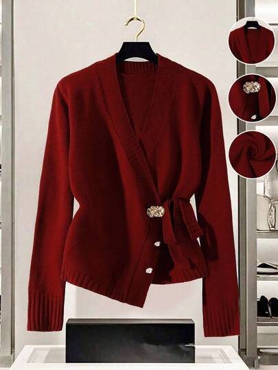 GlowEve CURVE 1 件女式加大码纯色 V 领长袖休闲系带开衫