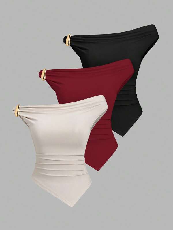 Sweetra Women's Summer European And American Fashion Solid Color 3 Pieces Set, Metal Decor Twist Hem Asymmetric Hem Fitted Casual Commuter Versatile T-Shirt