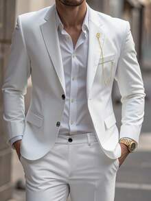 Calvornis Men's Simple Solid Color Jacket And Pants Suit, Party/Business Attire - White - View 7