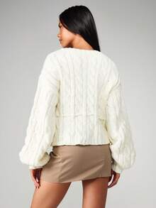 MISSGUIDED Christmas Pearl Button Cable Knit Cardigan With Lace Up Front And Balloon Sleeves - White - View 2