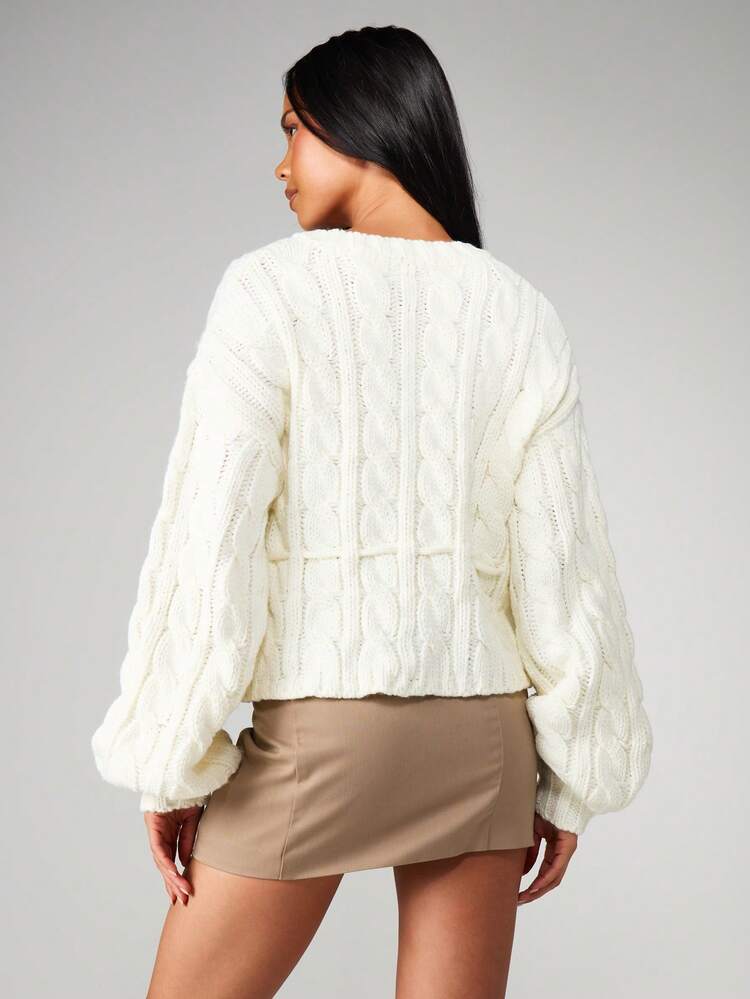 MISSGUIDED Cardigan tricoté à câble avec boutons de perle de Noël, laçage devant et manches bouffantes