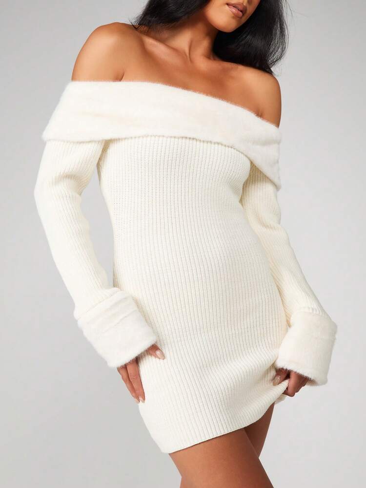 MISSGUIDED Off Shoulder Sweater Dress With Fold Over Neckline Ribbed Knit Mini Dress Long Sleeve Winter Fall Cozy Bodycon
