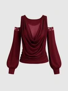 Cravure Plus Size Women Lantern Sleeve Decor Party Sheer Mesh Blouse - Burgundy - View 7