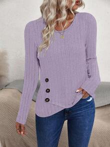 EMERY ROSE Áo thun nữ màu trơn cổ tròn vai thường tay dài ôm dáng bo gân kiểu dáng thường ngày - Màu tím hoa cà - Xem 3