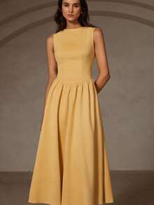 Chiquease Women's Solid Color Mandarin Collar Sleeveless Casual Dress - Yellow - View 3