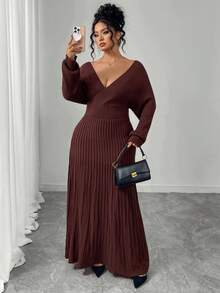 Elenzga Luxurious Ceiling, Deep Brown Off-Shoulder Knit Dress, Elegant Yet Sexy, Autumn/Winter - Coffee Brown - View 4