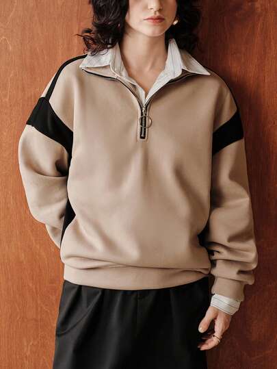 Zovinel 女士秋冬时尚宽松拼布卫衣，立领，拉链，撞色