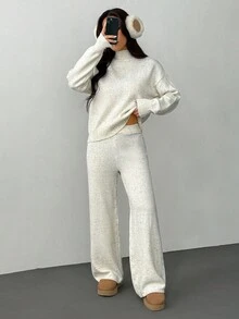 SHEIN PETITE 女士休闲舒适简约时尚宽松针织毛衣和高腰弹力休闲裤两件套，秋冬 - 杏色 - 查看 4