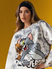 TOM & JERRY X SHEIN Lässiger Damen-Pullover im Street-Chic-Stil mit Cartoon- und Batikmuster, Drop Shoulder und lockerer Passform, ideal für den Alltag und Frühling/Herbst - Grau - Übersicht 6