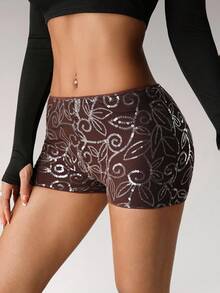 SHEIN ICON Quần short bó sát cạp thấp đính sequin lấp lánh phong cách Goth cổ điển màu nâu Y2K dành cho nữ - màu nâu - Xem 3
