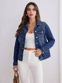 Elenzga Casual Loose Long Sleeve Front Button Women Denim Jackets - Dark Wash - View 8