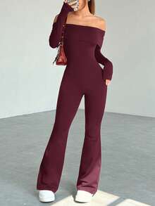 SHEIN EZwear 女式露肩长袖休闲喇叭连体裤，酒红色，秋冬 - 酒紅色 - 查看 3