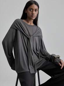 Ontre Women's Casual Solid Color Bow Decor Loose Long Sleeve Top T-Shirt, Suitable For Urban Commute, Business Casual, Office Wear, Teacher Outfit, Wedding Guest Attire, Elegant Basic Outerwear Gray Top Athleisure Wear Oversized Sweatshirt Woman Grey Tops For Women Baggy Shirts For Women Low-Key And Durable Basic Style, All-Match And Suitable For Everyone, Street Fashion Wear, Coffee Shop Wear, Relaxed Wear All-Season