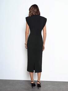 Maija 女式黑色宽肩设计收腰长裙，四季百搭，优雅休闲商务通勤连衣裙，散发精致都市气息