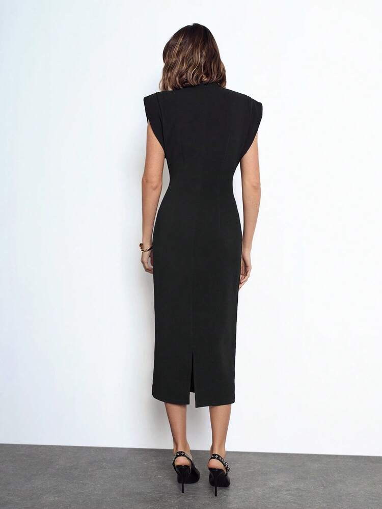SHEIN Maija Black,Summmer,Chic,Brunch Elegant Shoulder Design Cinched Waist Long Dress,Business Commuter Modern Urban Women Summer Outfits Versatile