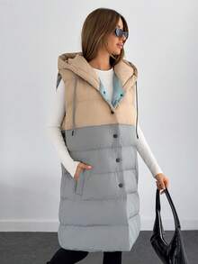 SHEIN Cottnline Woman 2 Colored Block Color Sleeveless Padded Drawstring Detailed Hoody Neck Front Snap Button Up Midi Length Winter Coat Casual - Multicolor - View 5