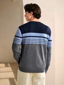 Manfinity Homme Men's Casual Colorblock Striped Sweater, Autumn/Winter - Dark Grey - View 3