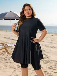 Swim Mulvari 大码女式两件套宽松中长款修身适度防晒度假布基尼泳衣套装