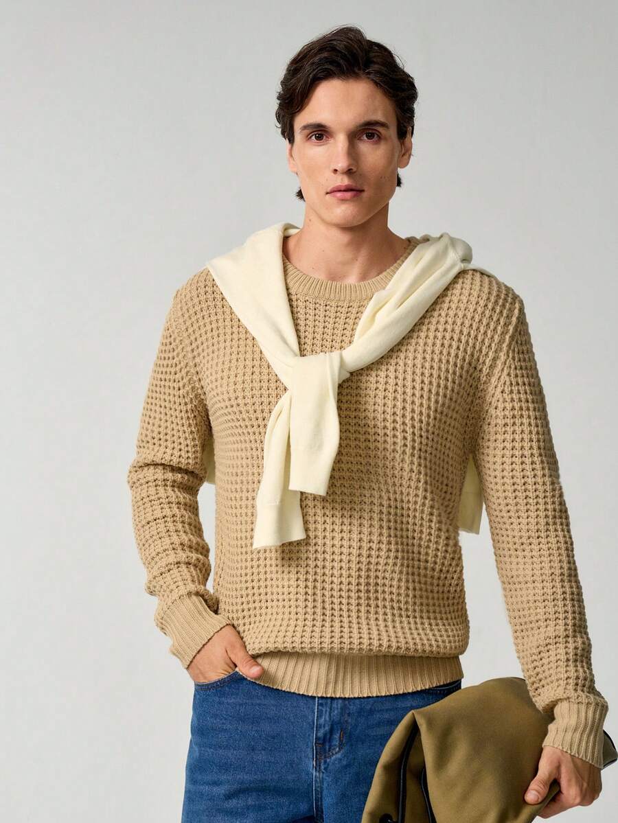 RONVEXI Men's Casual Solid Color Crew Neck Long Sleeve Sweater, Autumn/Winter - Khaki - View 1