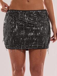SHEIN BAE Minifalda sexy de moda de unicolor con lentejuelas y ajustada al Body para mujer - Negro - Ver 6