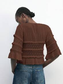 Maija 女士纯色短款荷叶边针织上衣，基础款毛衣，适合都市通勤、商务休闲、办公室穿着，优雅百搭，也适合圣诞派对、新年等场合，棕色沙滩风，女士时尚圣诞系列