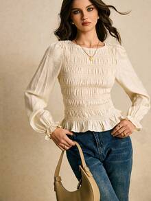 Poéselle Áo thun nữ cổ tròn tay dài xếp ly màu trơn thường ngày - Màu be - Xem 5