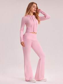 SHEIN Sovereign Charm Regular Fit Long Sleeve Hooded Knit Set Pink 2 Piece Set - Pink - View 3