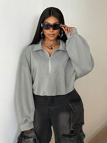 Maweii Plus Size Casual Half-Turtleneck Zip-Up Short Sweatshirt For Outdoor Wear, Autumn - Grey - View 1