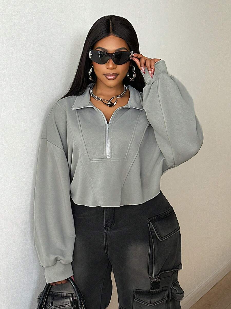 Maweii Plus Size Casual Half-Turtleneck Zip-Up Short Sweatshirt For Outdoor Wear, Autumn - Grey - View 1