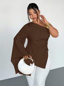 Firerie Plus Size Women's Elegant New Fashion Vacation Daily Single Shoulder Extra Long Sleeve Waist Ruched Slimming Metal Decor Blouse/Valentine's Day/Concert/Performance/Date/Formal Dinner/Prom/Wedding Season/Sexy/Graceful/Commute/Back To School/Vacation/Beach/Romantic Chic/Office Diva/Mermaid Vibe/Birthday Party Asymmetrical Neck Blouse Coffee Brown Top Chocolate Brown Top