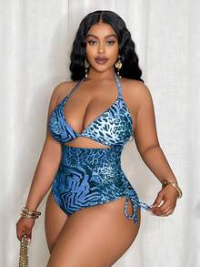 Slaydiva Plus Size Women Leopard Print Triangle Top And Tie Side Bottoms One-Piece Swimsuit, Beach Vacation - Blue - View 4