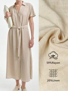 SHEIN Stylify Women's Casual Minimalist High-End Solid Color Linen Blend V-Neck Dress With Shoulder Pleats, Side Pockets, Belt, Relaxed Fit, Suitable For Spring/Summer Daily, Work, And Vacation - Apricot - View 6