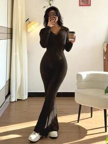 Rafferiza 2 件套女式休闲连帽运动衫，带口袋和罗纹喇叭裤套装，适合日常穿着，秋冬 - 巧克力棕 - 查看 7