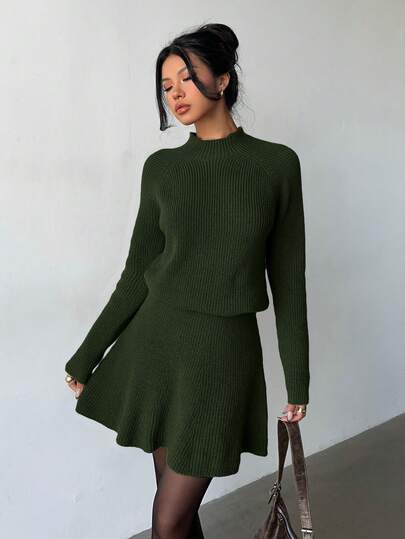 Elenzga Women Loose Casual Round Neck Textured Top And Pleated Skirt 2 Pieces Set