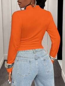 BamGleam Solid Color Stand Collar Asymmetric Hem T-Shirt Fall Cloth For Women